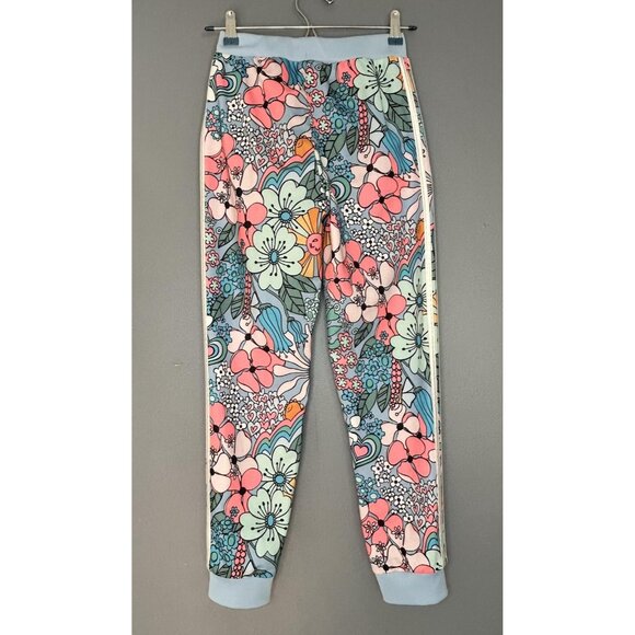 Adidas Pants Girls L 14 Blue Sun Floral Track Joggers 3 Stripes Allover Print - Picture 2 of 11